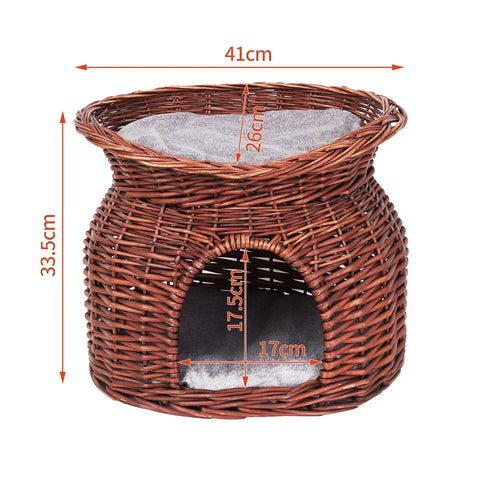 2-Tier Rattan Wicker Elevated Cat House Kitty Scratch Indoor Igloo Cat Bed Cave House Pet Bed Basket with Washable Soft Cushion