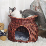 2-Tier Rattan Wicker Elevated Cat House Kitty Scratch Indoor Igloo Cat Bed Cave House Pet Bed Basket with Washable Soft Cushion